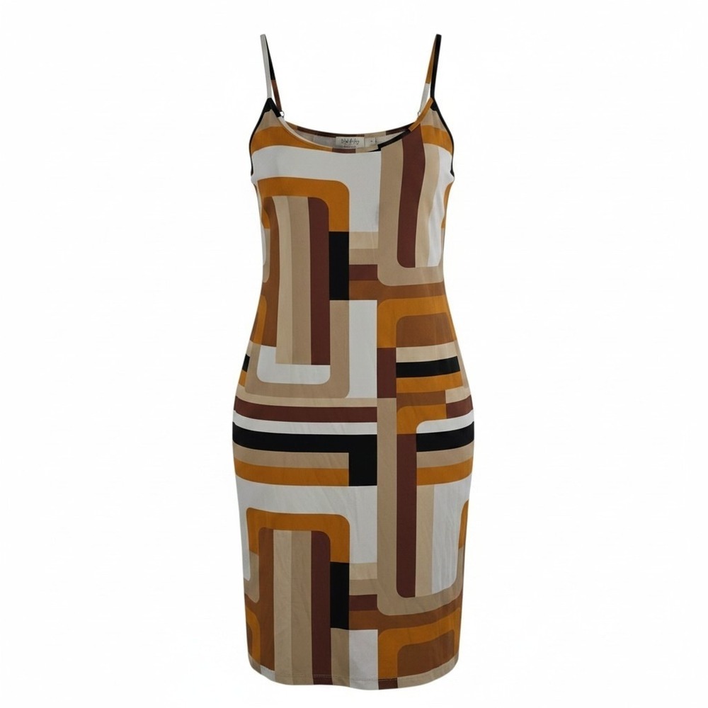 Brown Dress Geometric Spaghetti Strap Mid Length Straight 3X